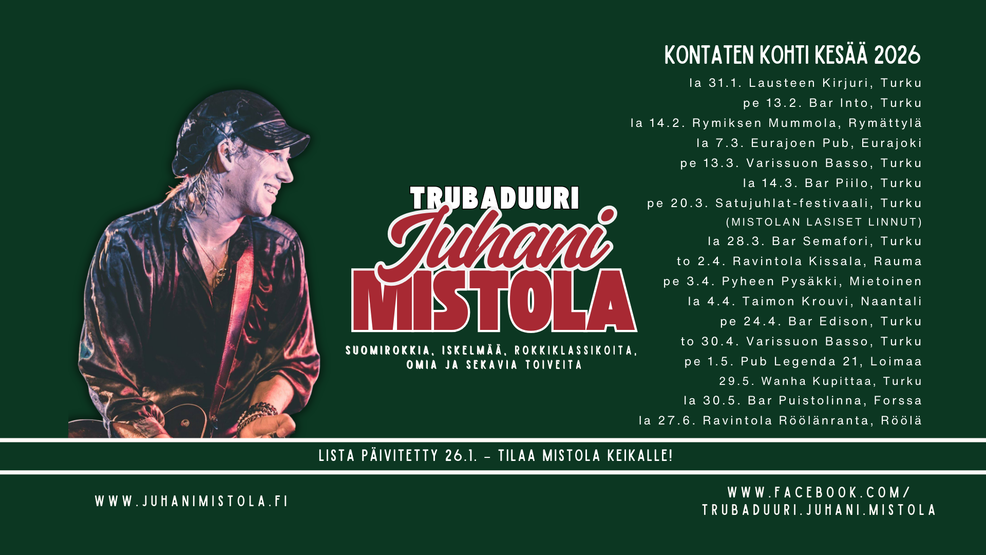 Kontaten kohti kesää 2026 -kiertue, keikkalista päivitetty 26.1.